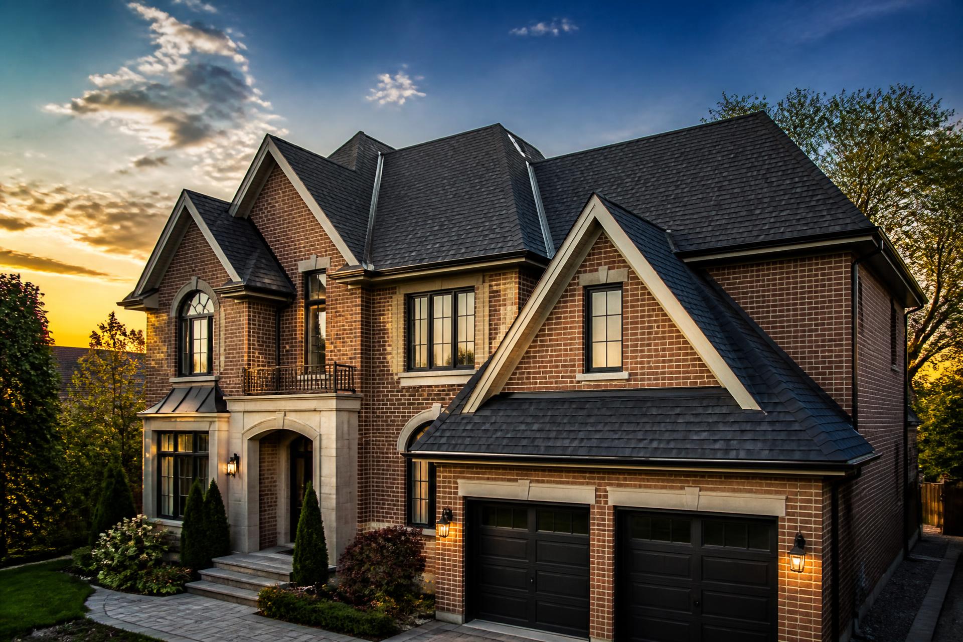 Newly installed dark shingle roof on a Toronto home at sunset